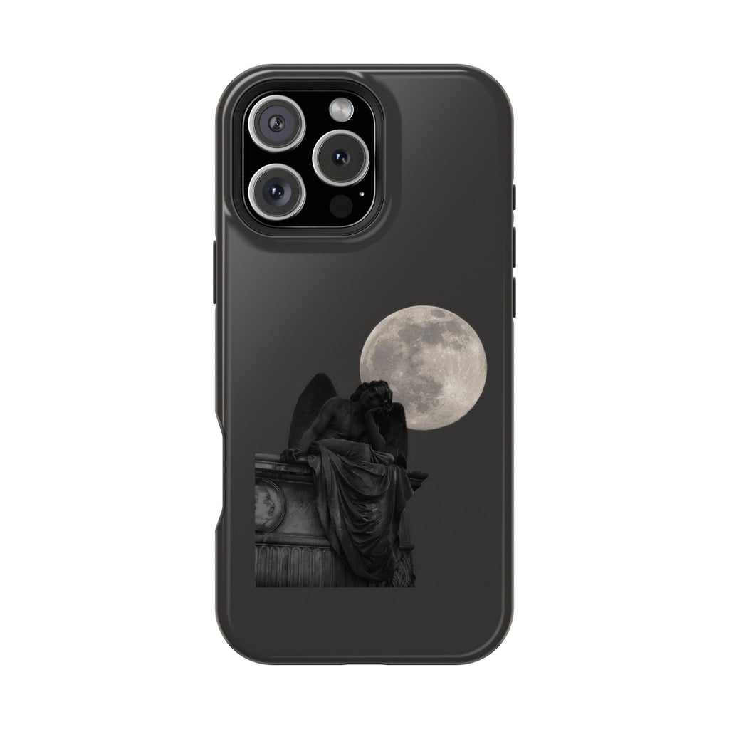 Dark-colored phone case featuring a monochrome image of an angel statue silhouetted against a large full moon.

