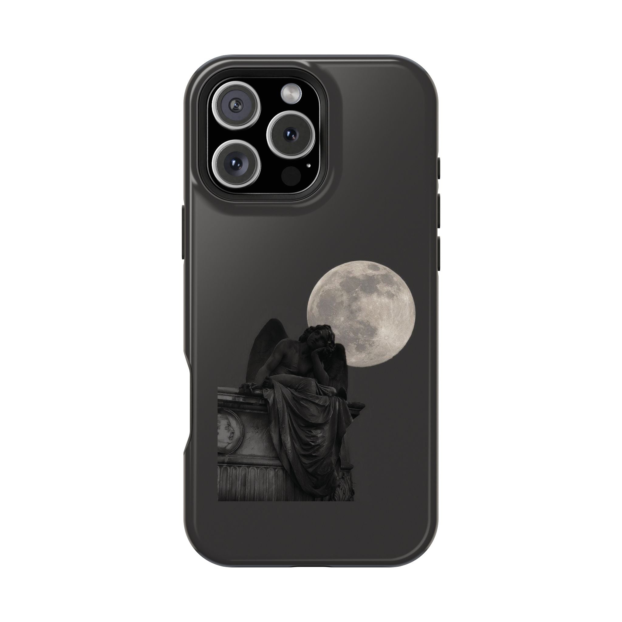Dark-colored phone case featuring a monochrome image of an angel statue silhouetted against a large full moon.

