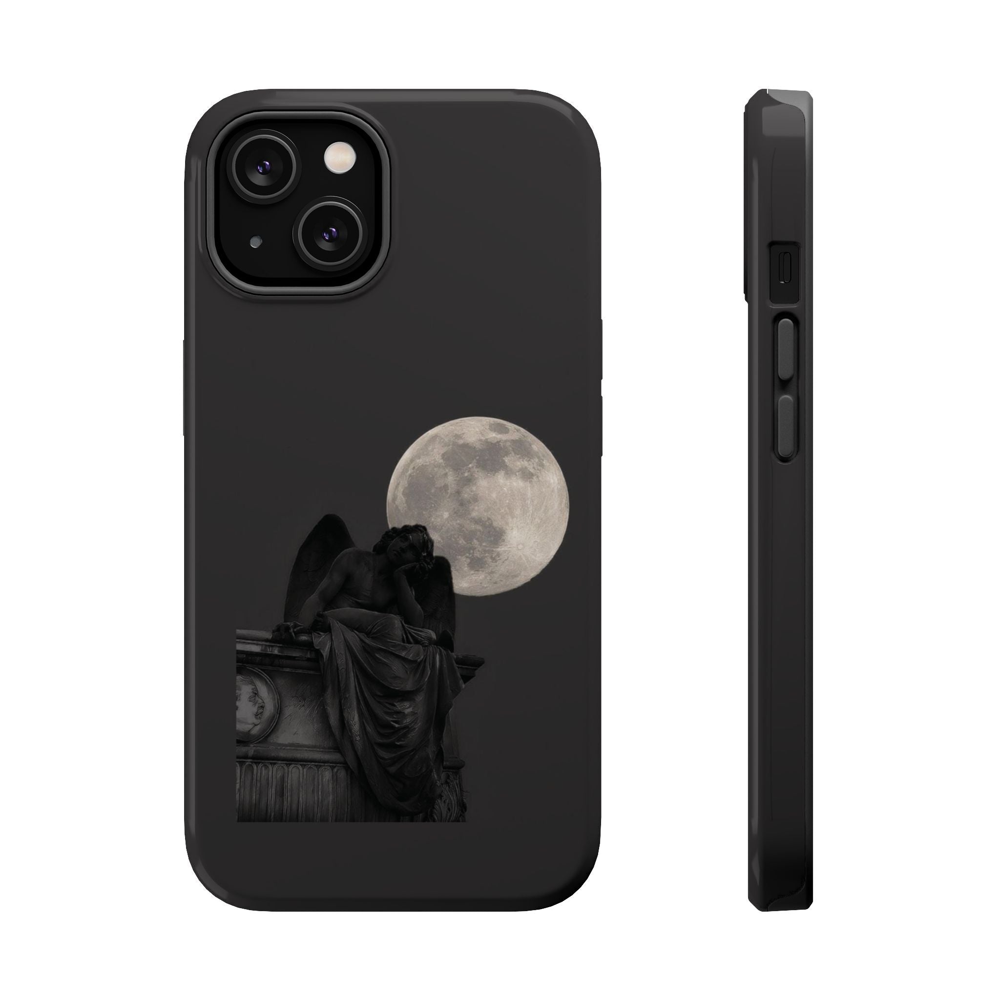 Black phone case displaying a gothic-style image of an angel statue silhouetted against a large full moon, presented with both front and side profiles.

