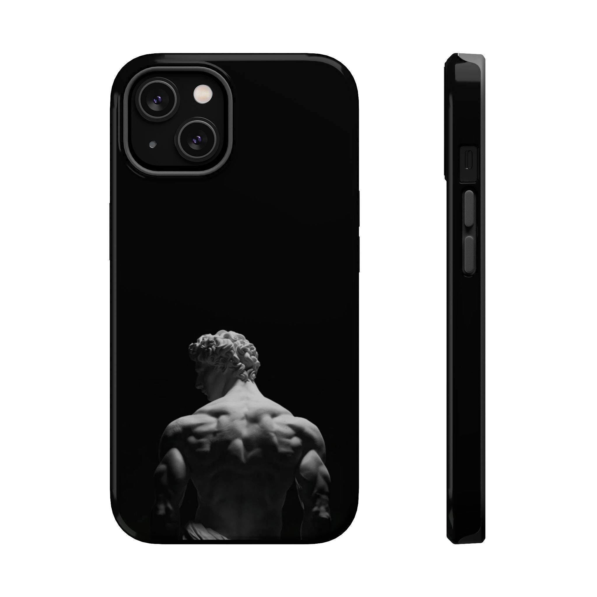 Black phone case displaying a monochrome image of the back of a classical male statue, shown from both the back and side perspectives.

