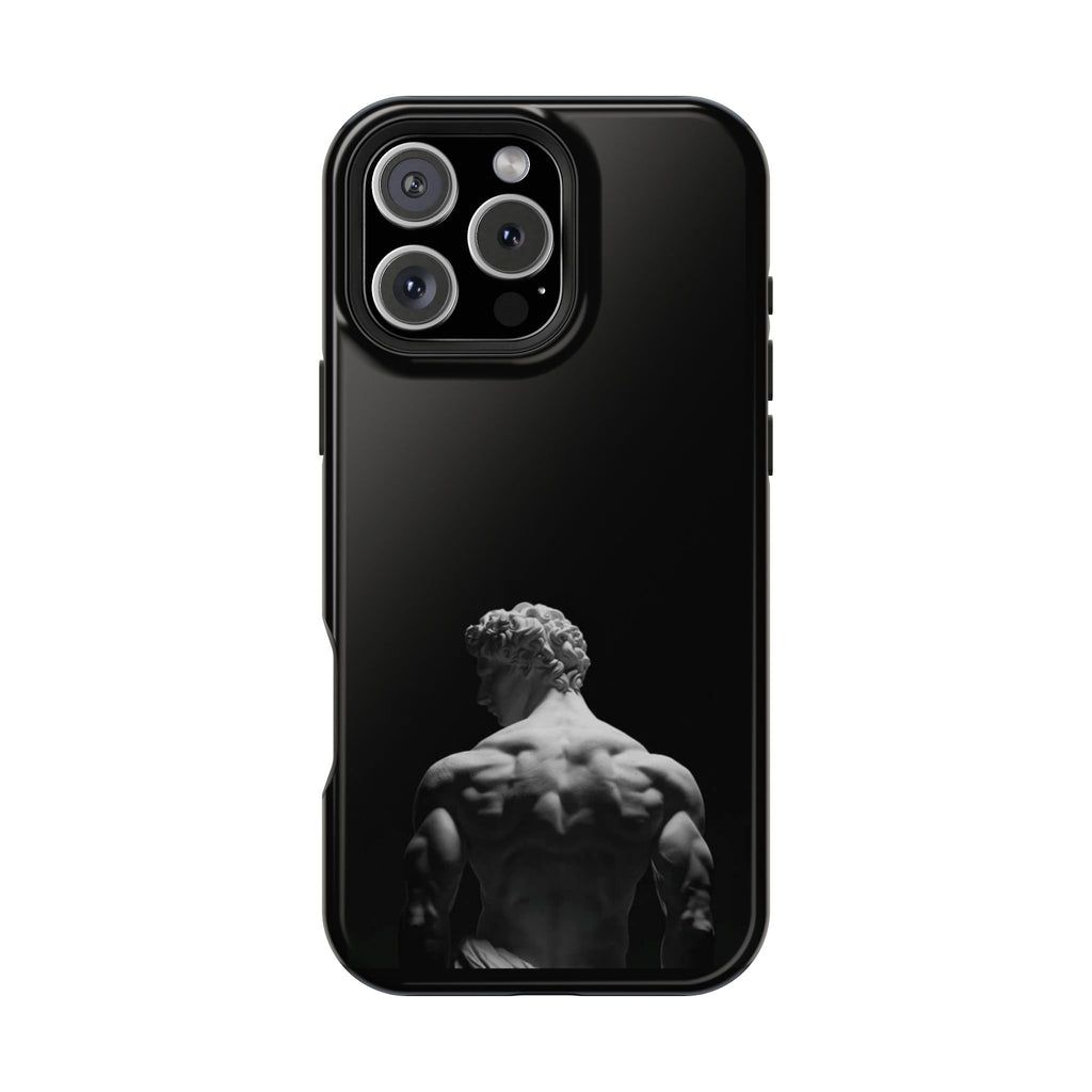 Black phone case featuring a monochrome image of the back of a classical male statue.

