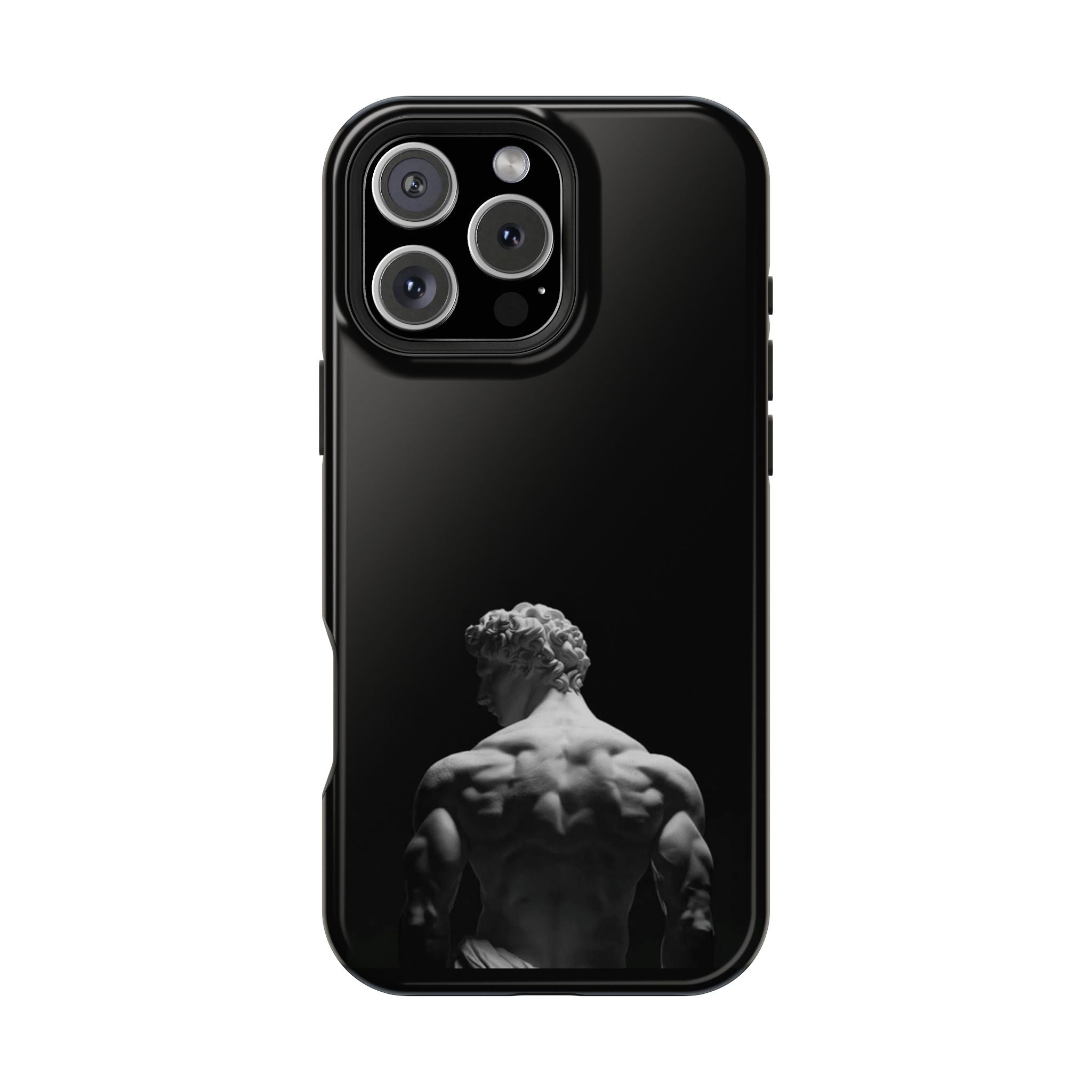 Black phone case featuring a monochrome image of the back of a classical male statue.

