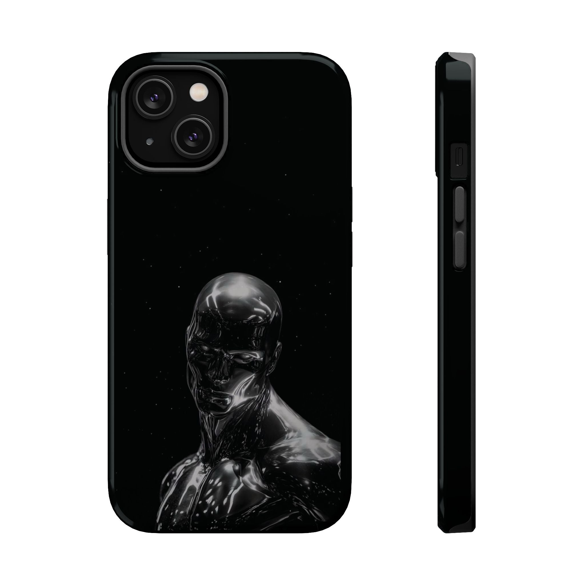 Black phone case featuring a sleek, futuristic humanoid figure with a reflective surface, displayed from both the front and side perspectives.


