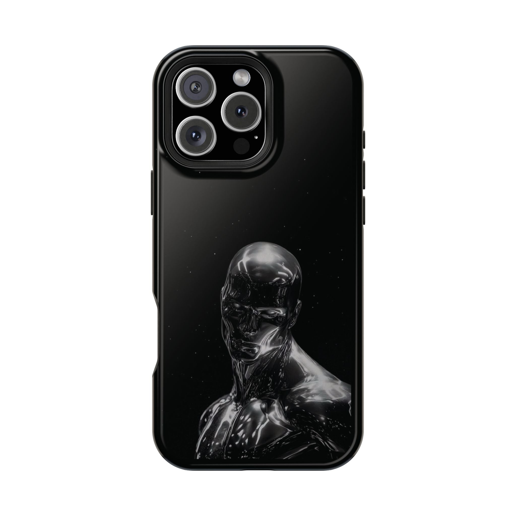 Black phone case showcasing a modern, glossy humanoid figure that appears to be made of liquid or reflective material.

