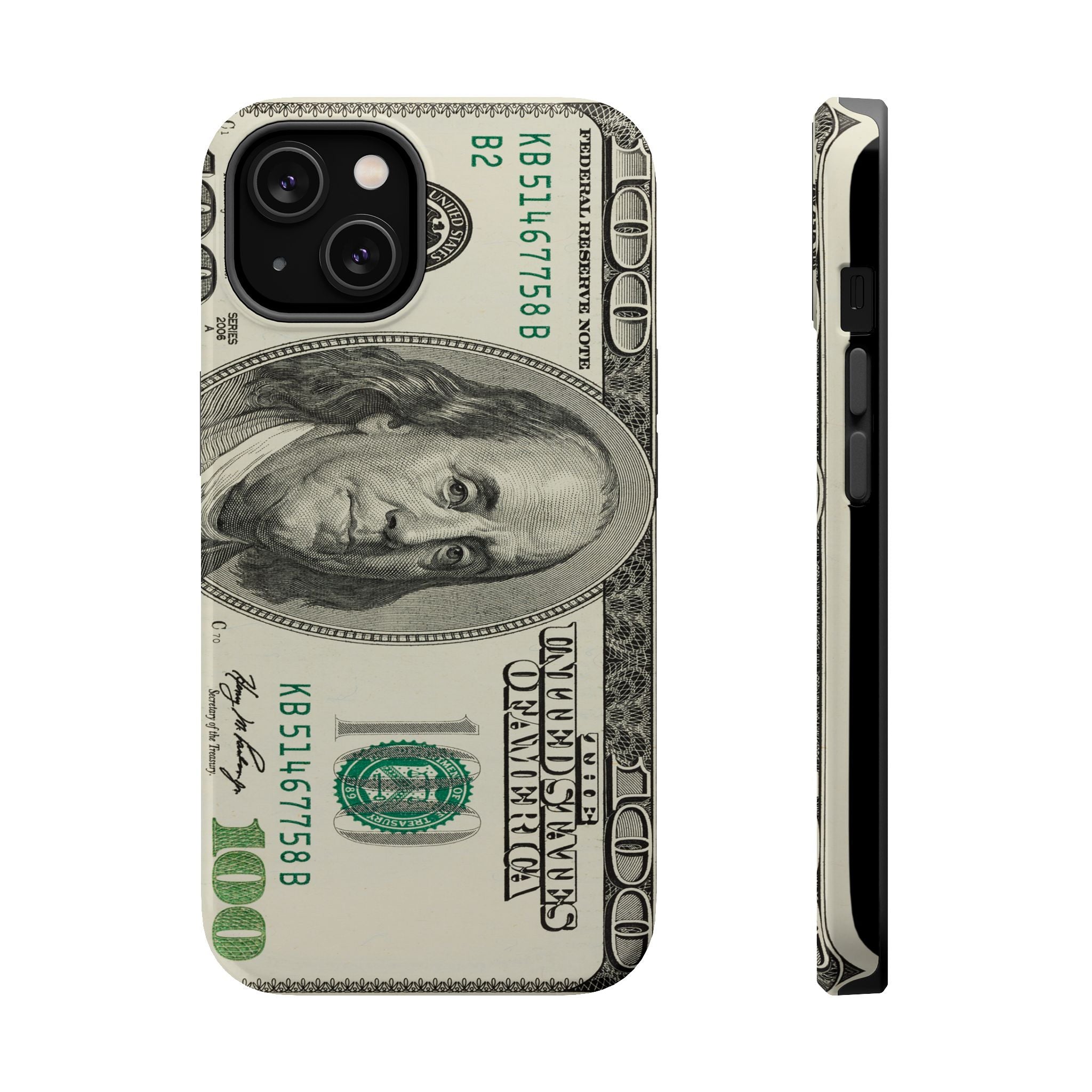 Phone case displaying a detailed print of a hundred US dollar bill, shown in a front-facing view and a side profile.