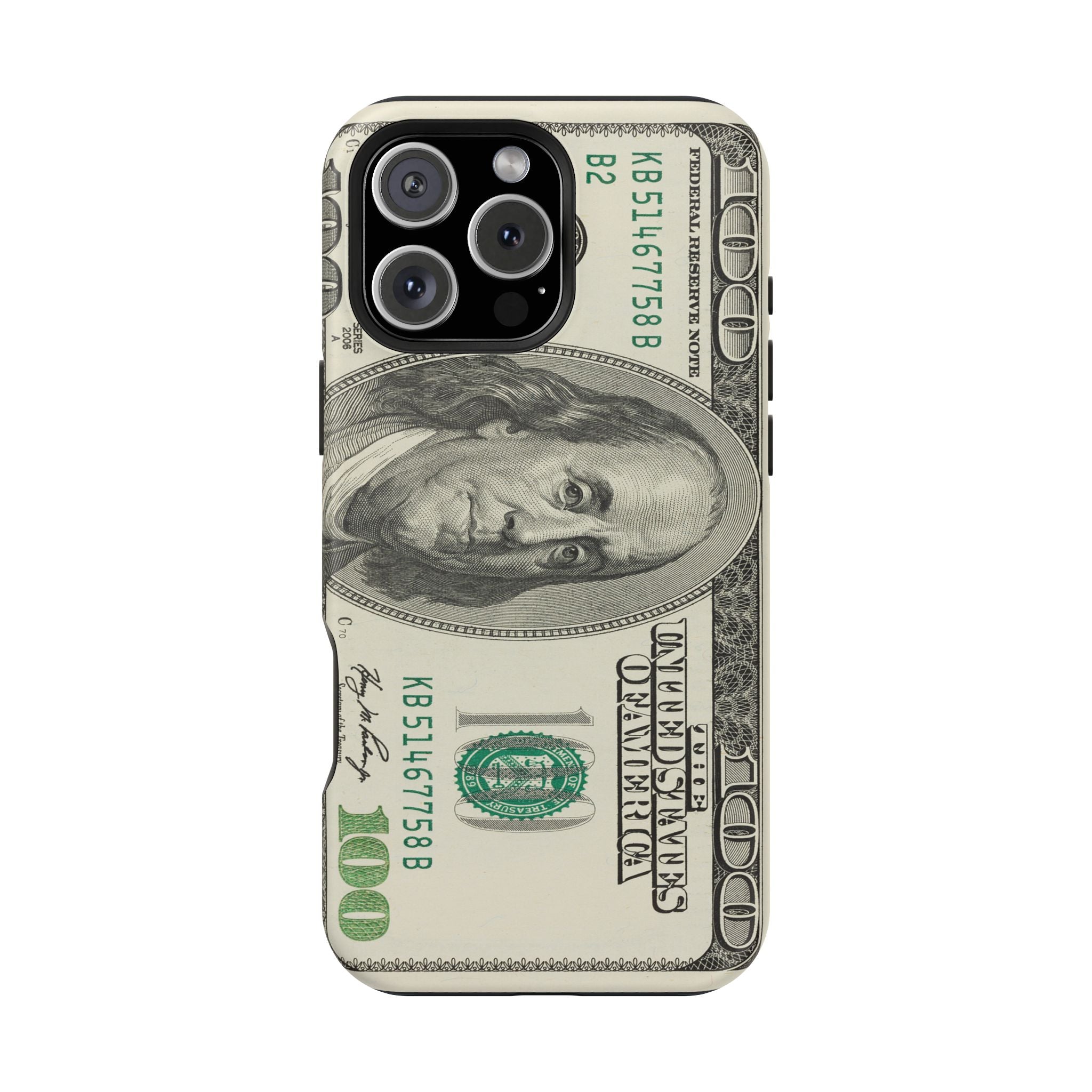 Phone case featuring a realistic print of a one hundred US dollar bill.
