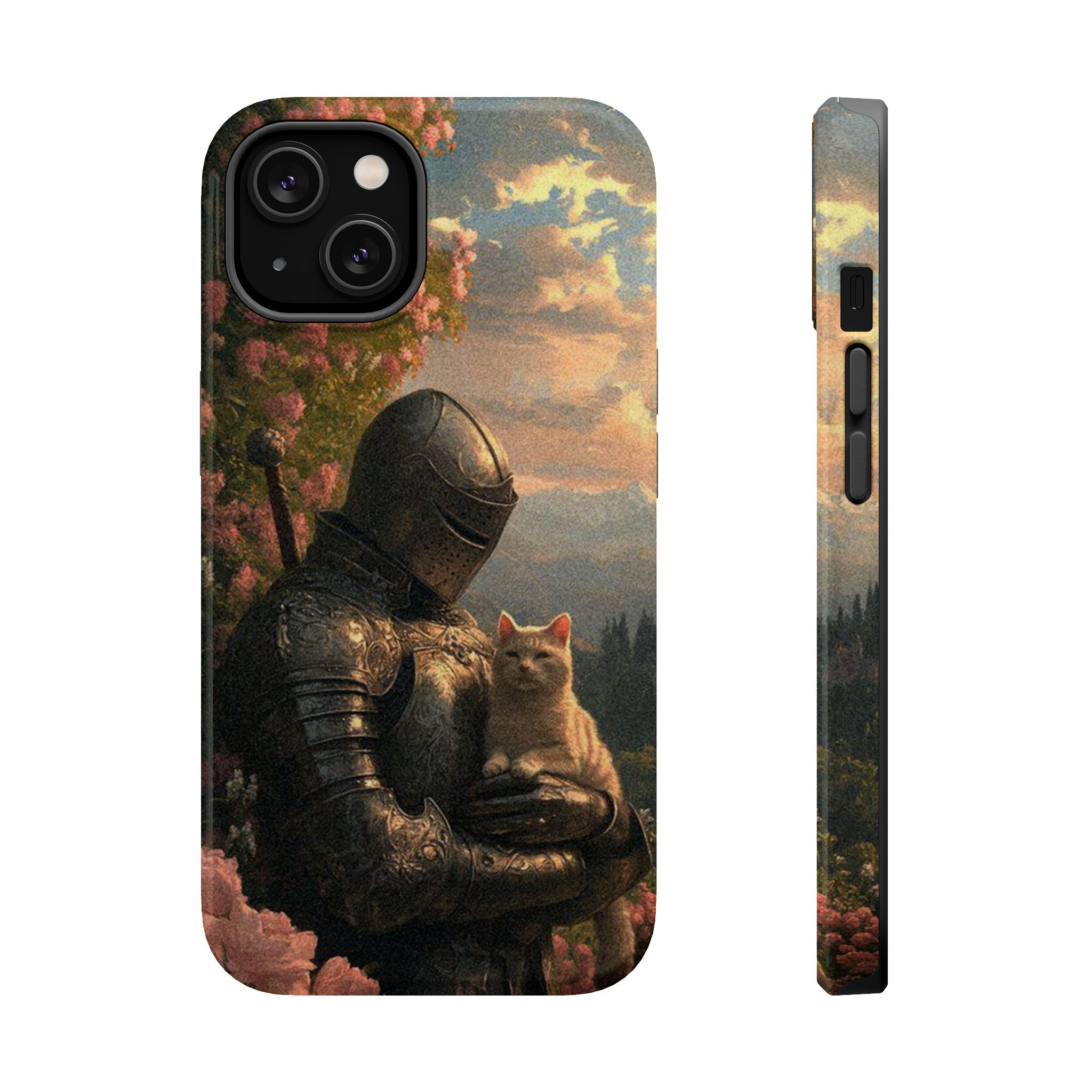 Phone case featuring an artistic print of a medieval knight tenderly cradling a cat, shown with a side view.

