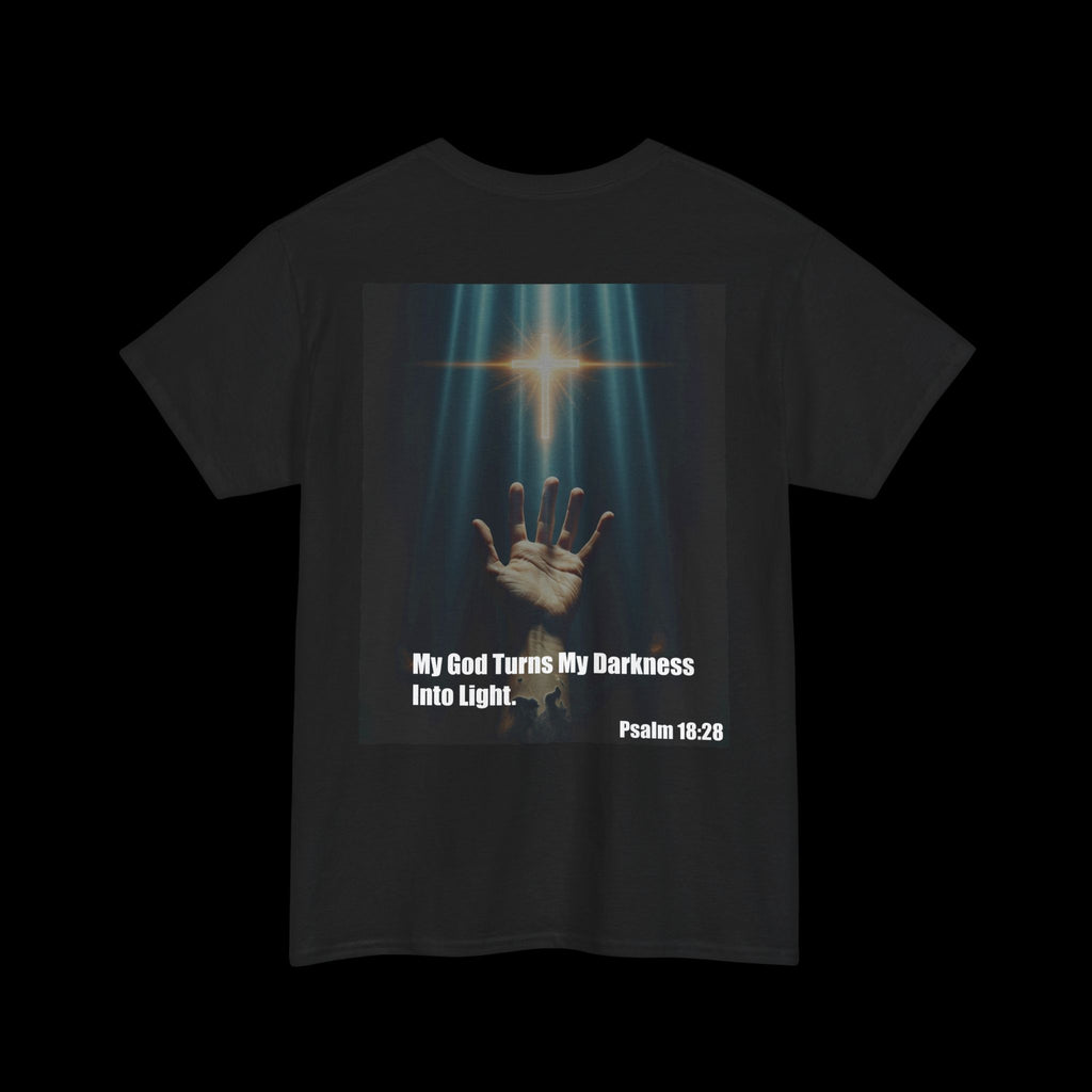 Back of a black t-shirt featuring an inspirational Christian graphic of a hand reaching towards a shining cross, with the text "My God Turns My Darkness Into Light. Psalm 18:28." Perfect for expressing faith through apparel.