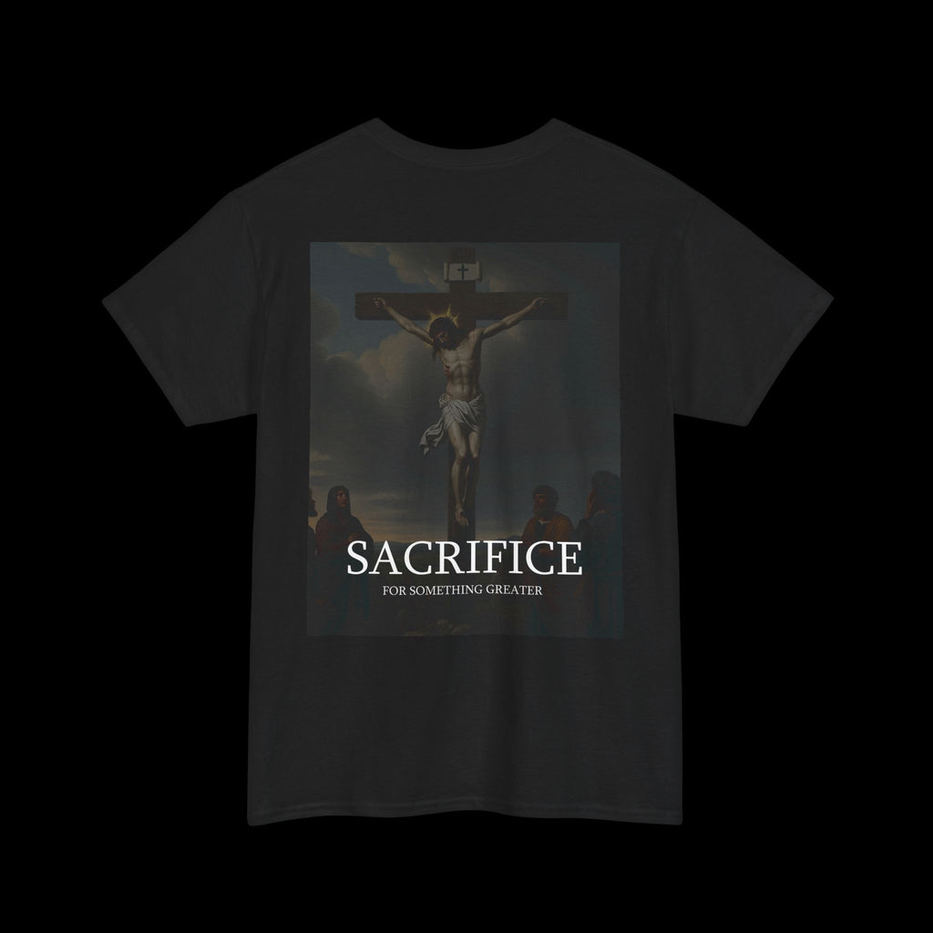Black "SACRIFICE" t-shirt featuring a dark, dramatic graphic of a crucifixion scene with the text "SACRIFICE" and "YOU KNOW NOTHING...". Ideal for gothic or intense themed apparel.