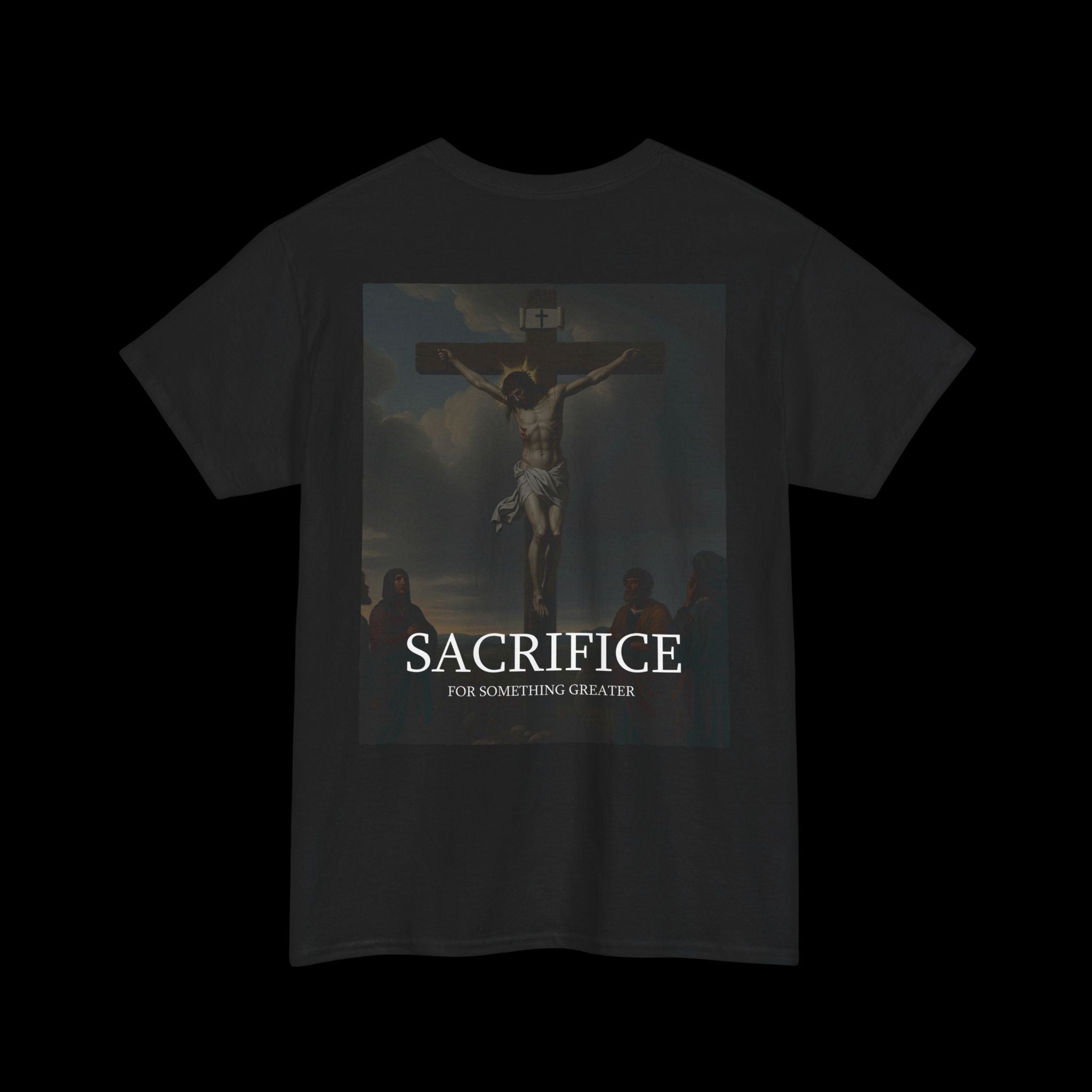 Black "SACRIFICE" t-shirt featuring a dark, dramatic graphic of a crucifixion scene with the text "SACRIFICE" and "YOU KNOW NOTHING...". Ideal for gothic or intense themed apparel.
