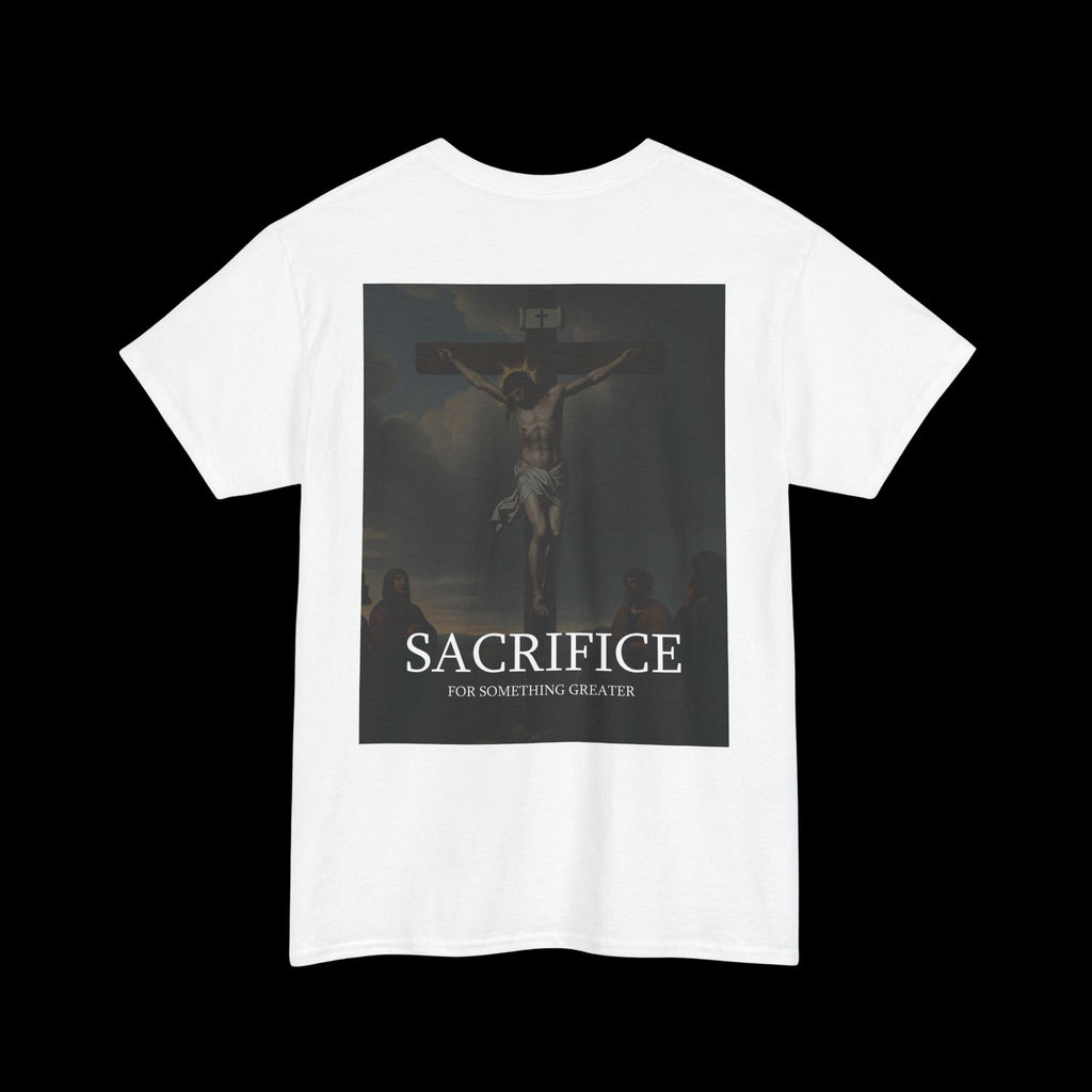 White "SACRIFICE" t-shirt featuring a graphic depicting a crucifixion scene with the text "SACRIFICE" and "YOU KNOW NOTHING...". Evokes themes of sacrifice and dramatic intensity.