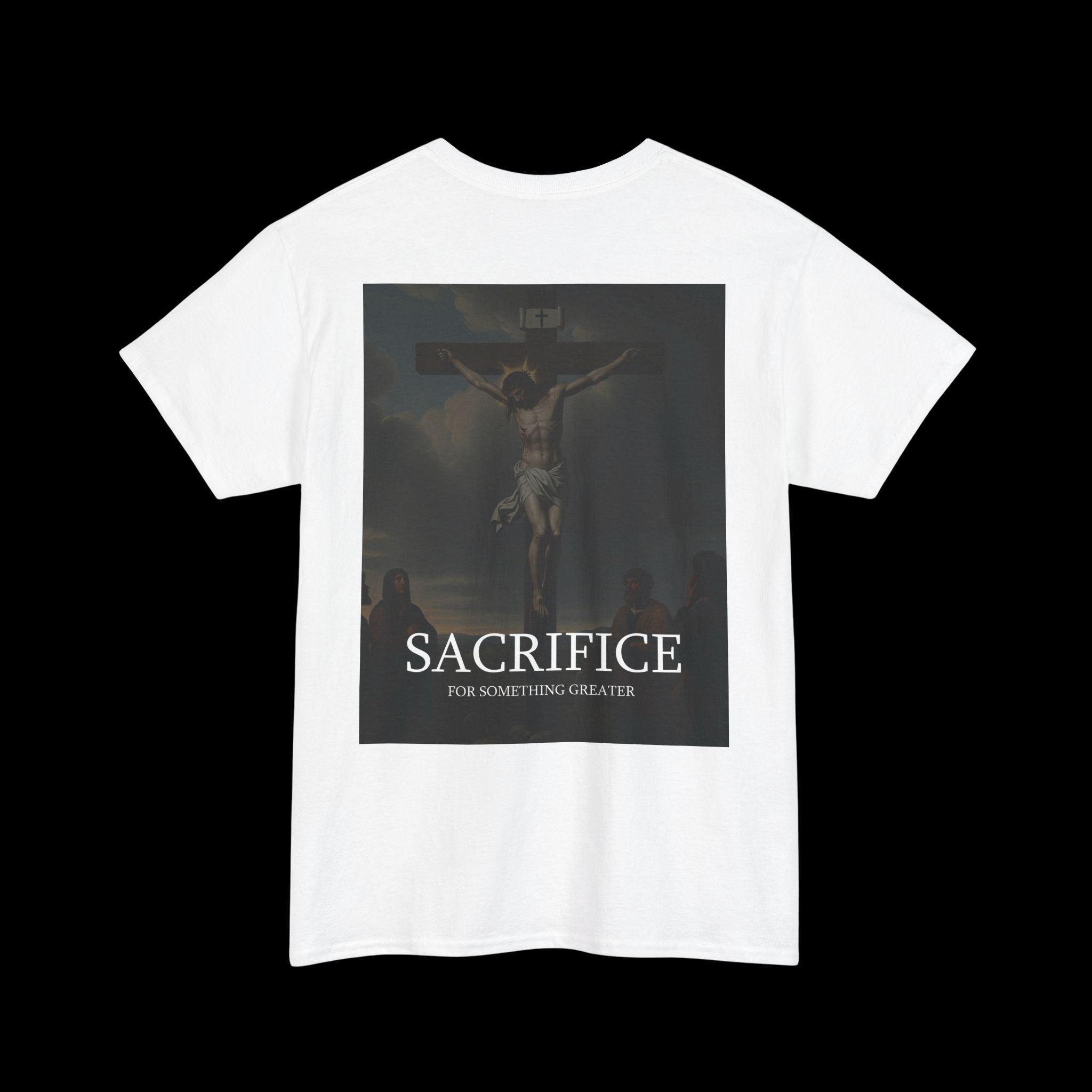 White "SACRIFICE" t-shirt featuring a graphic depicting a crucifixion scene with the text "SACRIFICE" and "YOU KNOW NOTHING...". Evokes themes of sacrifice and dramatic intensity.